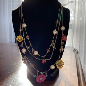 Antique Goldtone Flower Ladybug Charm Necklace